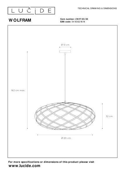 Lucide WOLFRAM - Suspension - Ø 65 cm - 1xE27 - Noir - technique